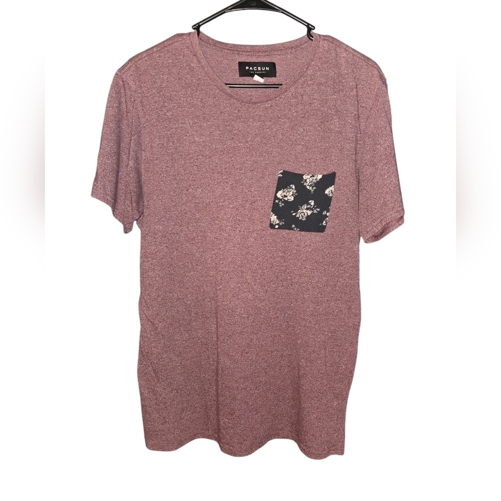 Maroon Pac Sun T-Shirt w/ Floral accented pocket, Size Medium